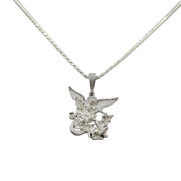 S925 Rhodium Finish St. Michael Angel - S925 Sterling Silver Rope Chain. - Picture 8 of 12